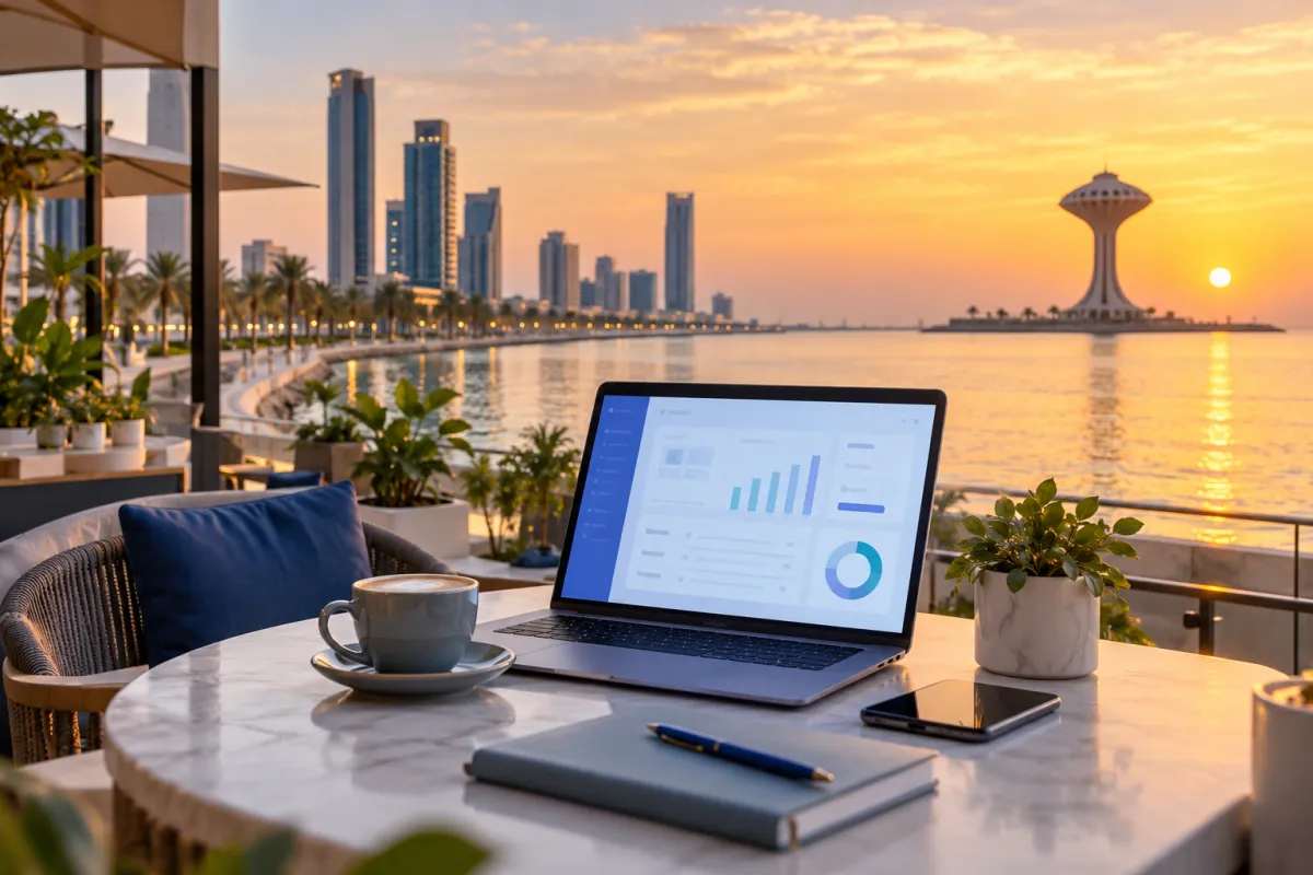 Laptop showing an invoice dashboard on a café table by the Khobar waterfront, with the Khobar Water Tower in the distance