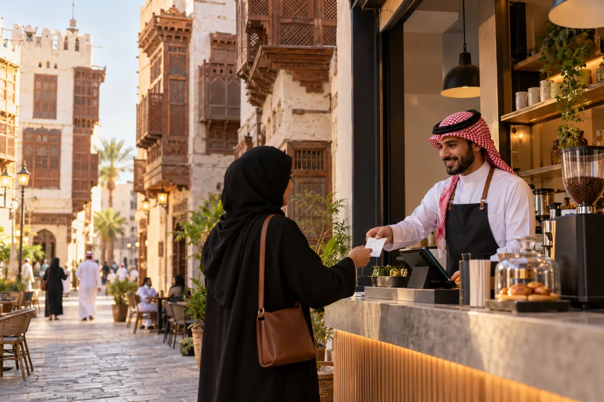 صاحب مقهى في جدة التاريخية (البلد) يسلّم عميلة فاتورة مطبوعة، وخلفه البيوت الحجرية والرواشين الخشبية