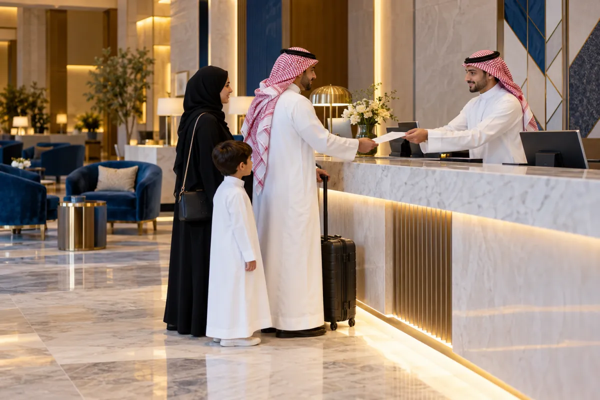 Hotel receptionist in Madinah handing a printed invoice to a guest family at the front desk