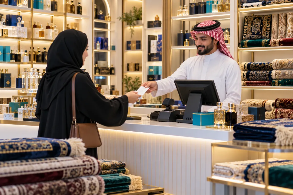 Shopkeeper in a Makkah gift shop selling prayer rugs and perfume, handing a receipt to a customer at the point of sale