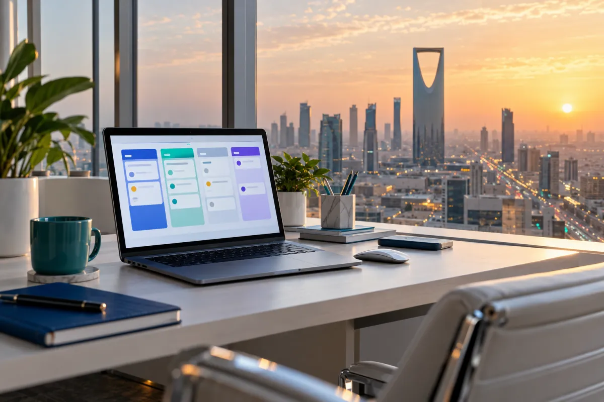 Laptop showing a sales pipeline in an office overlooking the Riyadh skyline at sunset