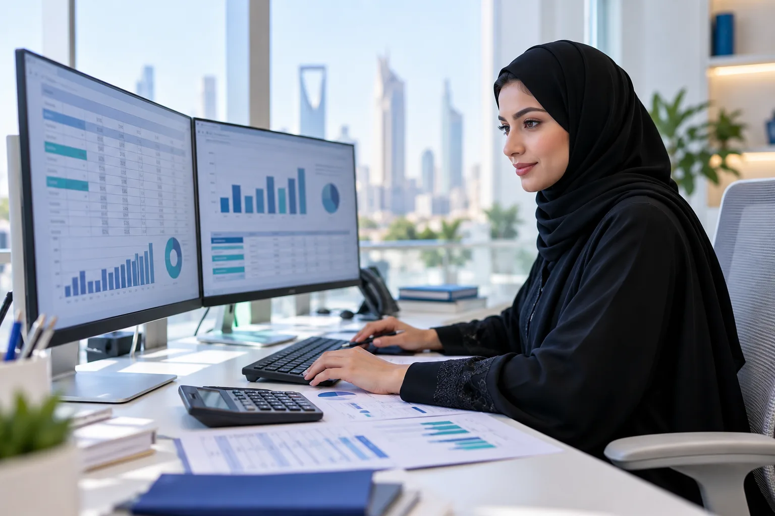 Accountant in a Riyadh office reviewing invoices and VAT reports on two screens