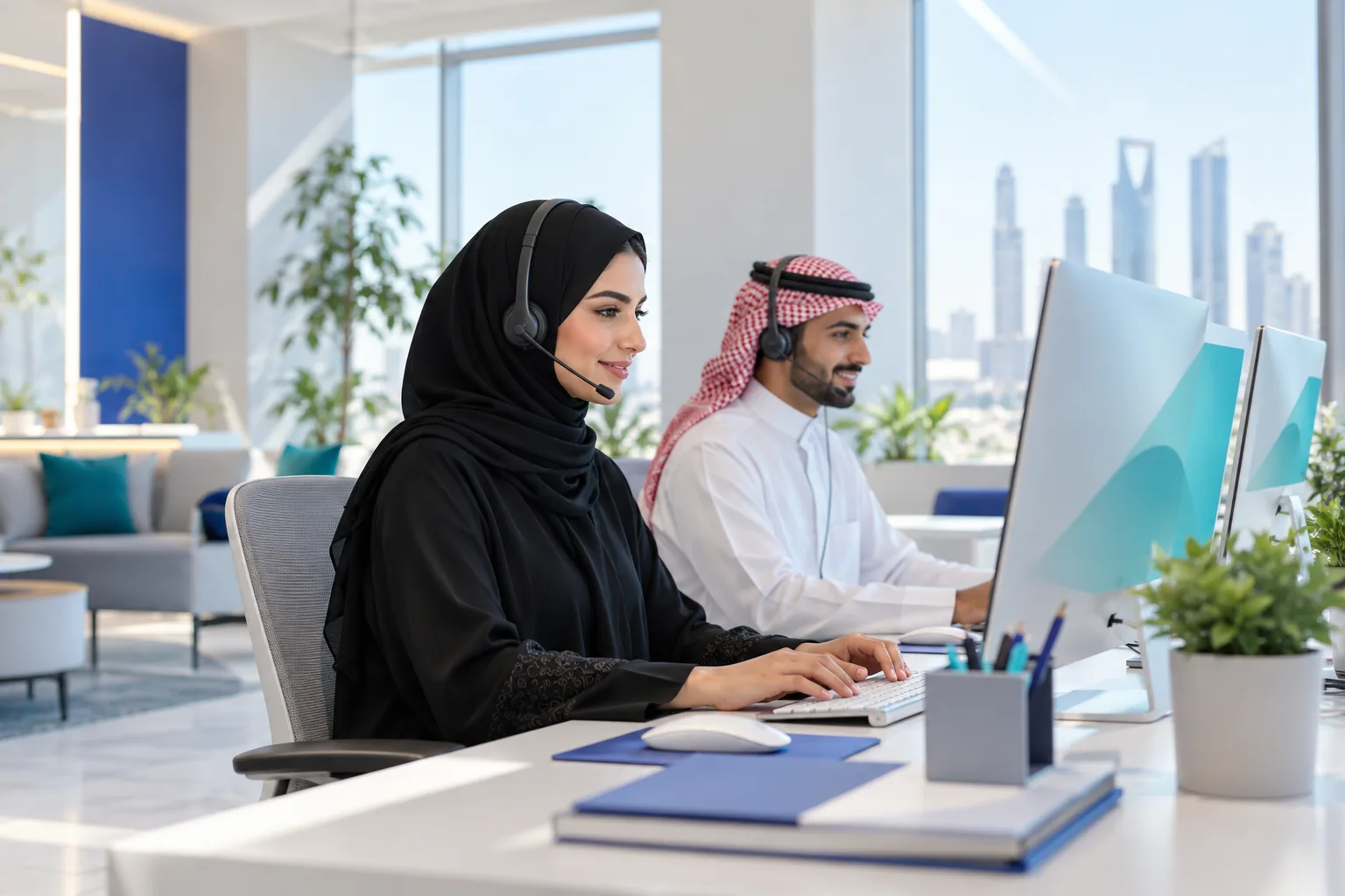 Two Saudi support agents answering tickets at a shared desk in a Riyadh office