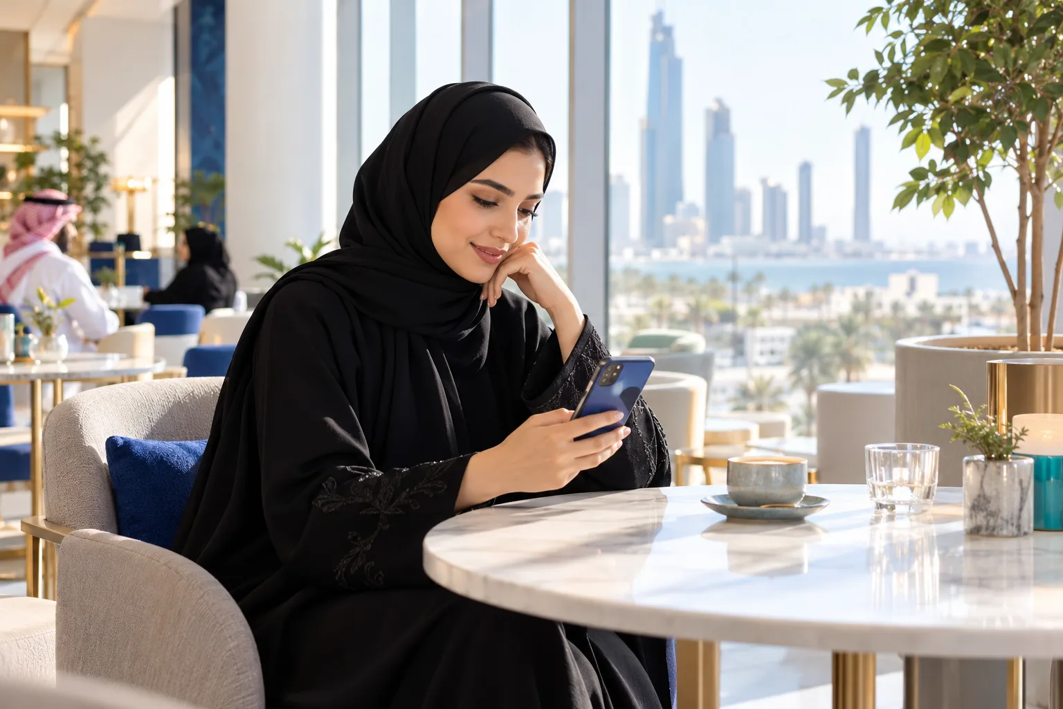 A customer in Jeddah reading a support reply on her phone
