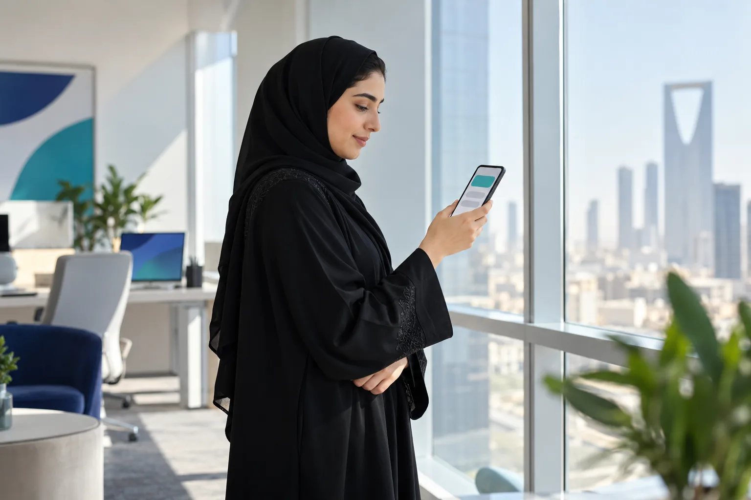 موظفة مالية سعودية تقرأ إشعاراً على هاتفها قرب نافذة المكتب
