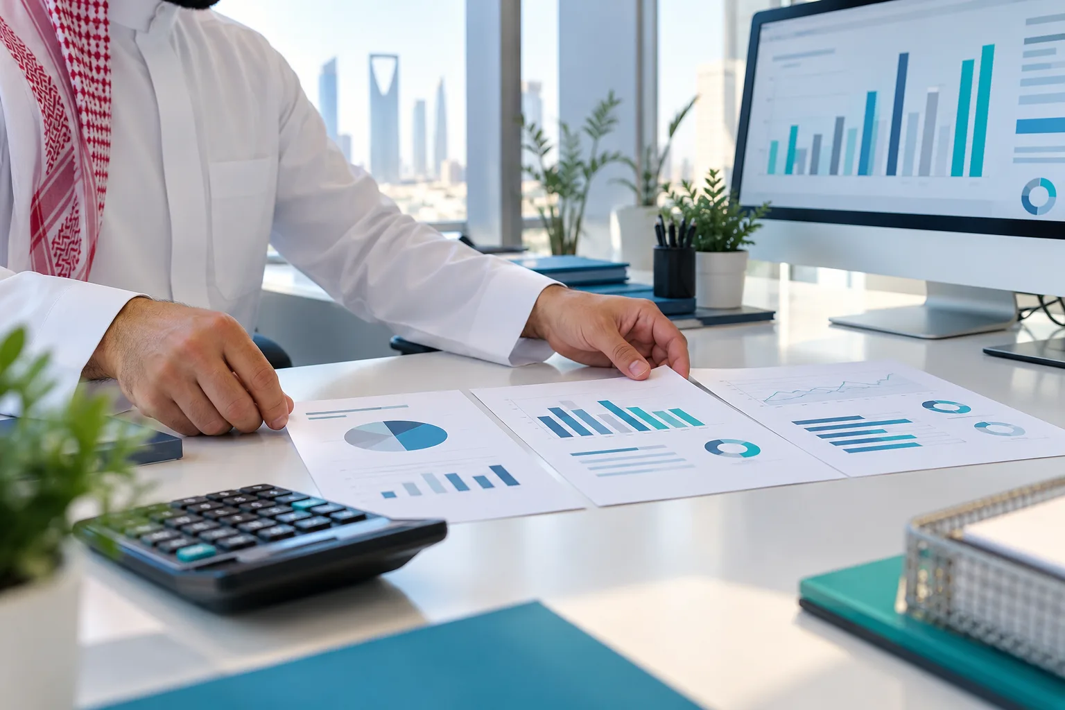 محاسب سعودي يقارن إقرارات ضريبة القيمة المضافة المطبوعة بجانب آلة حاسبة على مكتب