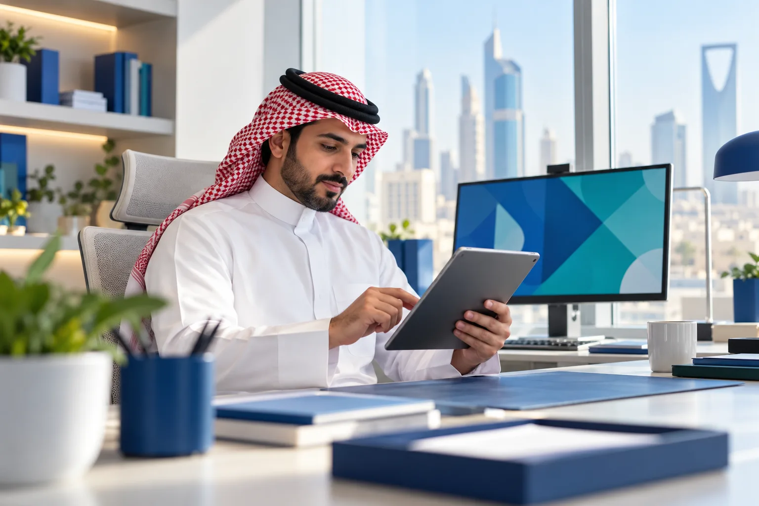مدير مالي سعودي يراجع قائمة تحقق للفوترة الإلكترونية على جهاز لوحي في مكتب في الرياض