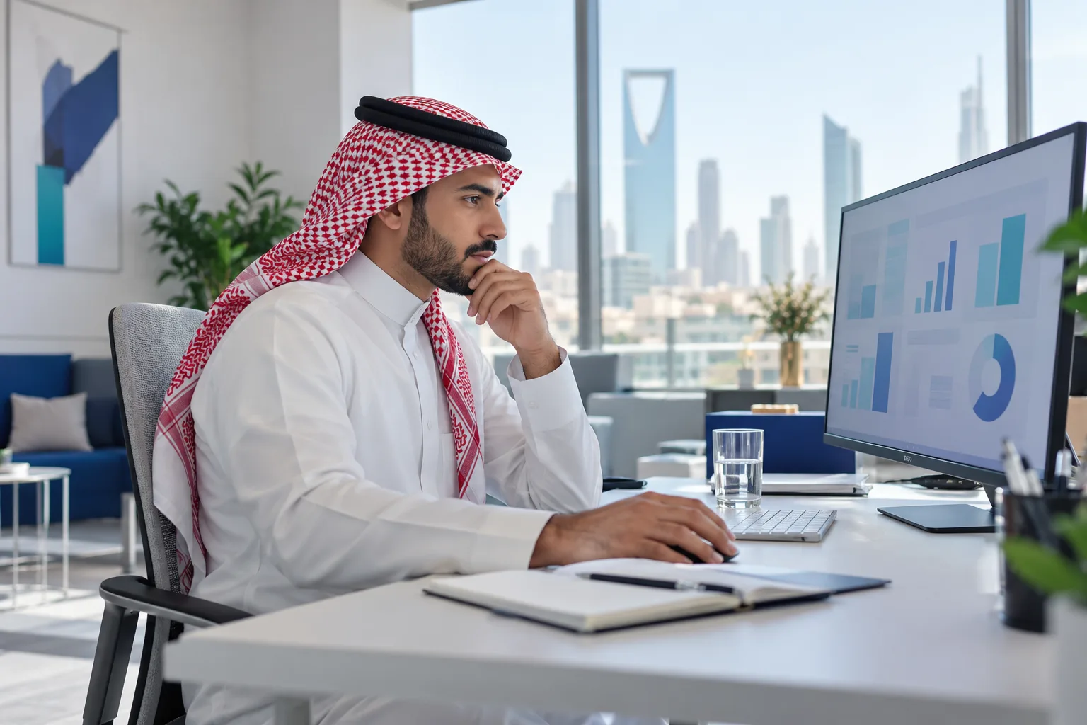 مدير عمليات يراجع لوحة مؤشرات الشكاوى في مكتب سعودي مضيء