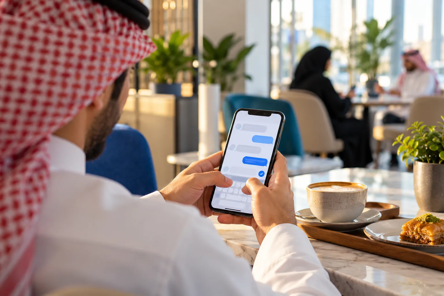 Customer sending a complaint by message from a smartphone in a café