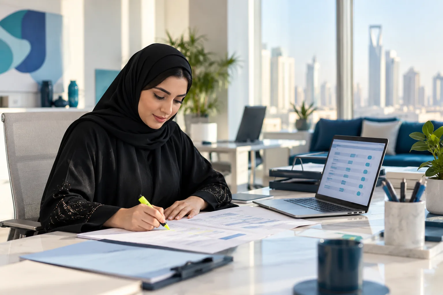 A Saudi employee checking printed customer records against a laptop at a desk