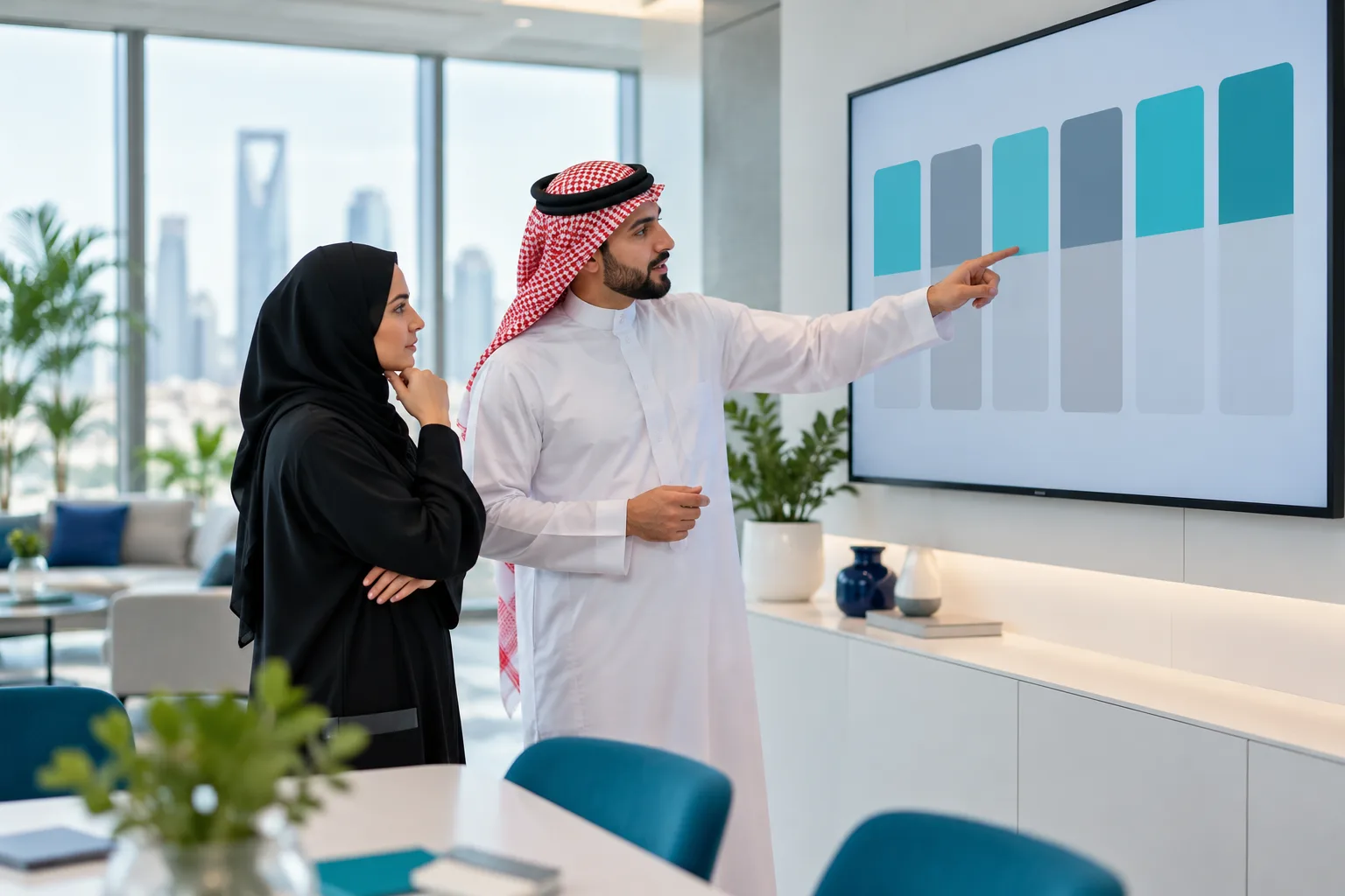 Two colleagues in a Saudi office discussing a pipeline board of coloured columns on a screen