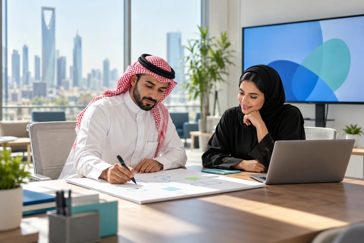 Finance manager in a Riyadh office marking the Fatoora integration date on a wall planner