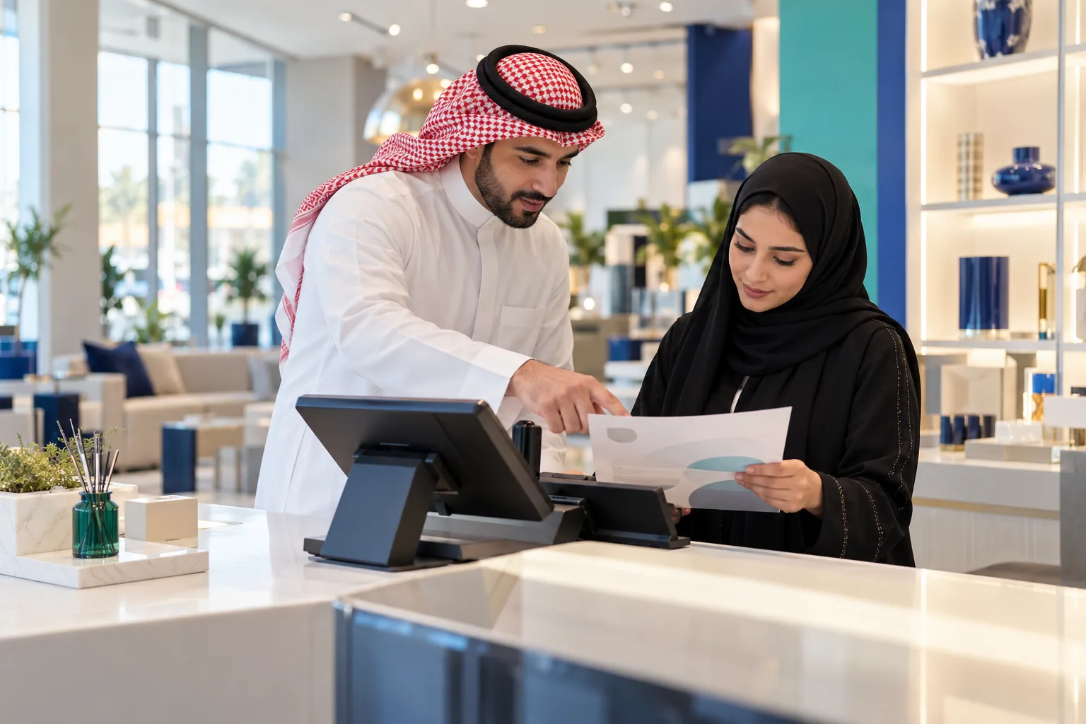 Cashier and supervisor reviewing a one page invoicing guide at a Saudi showroom counter