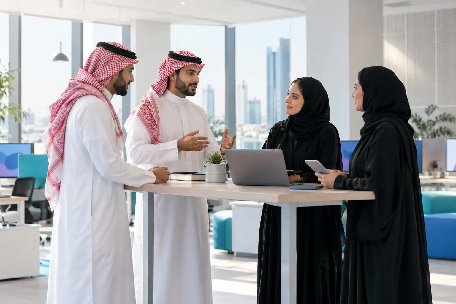 A support team meeting around a standing desk in a bright Saudi office