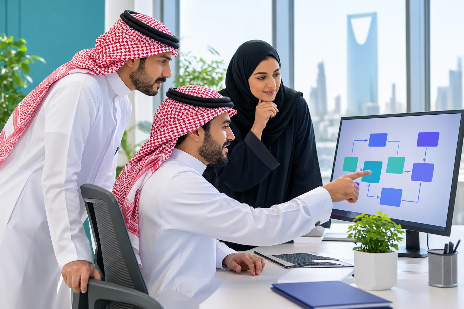 فريق مبيعات سعودي يراجع سجلات العملاء في مكتب مضيء