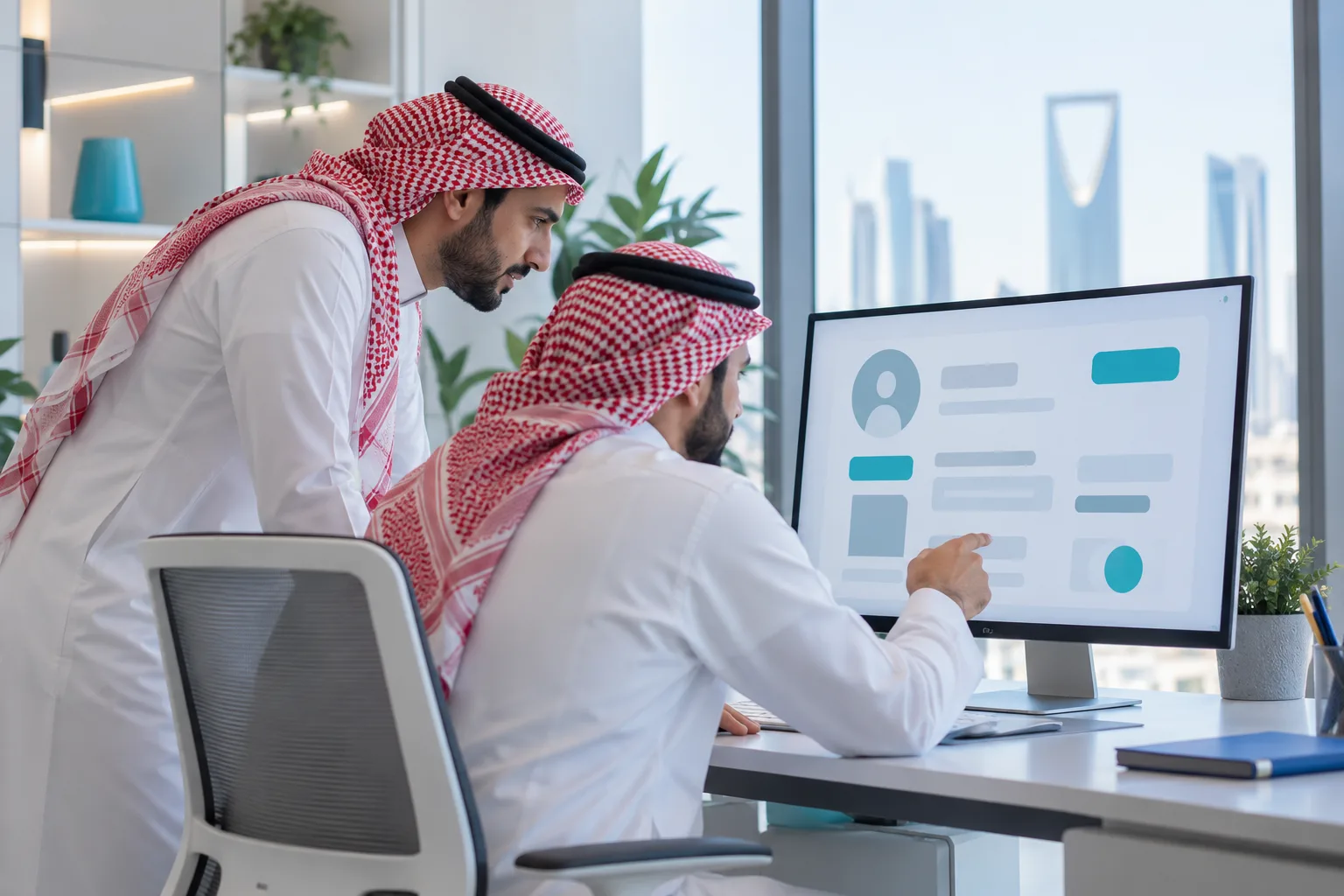 زميلان يطّلعان على سجل عميل واحد على شاشة واحدة
