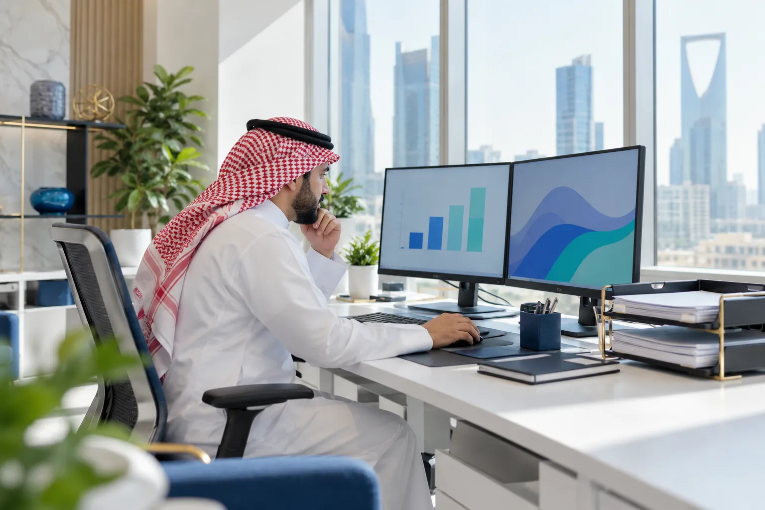 موظف مالية سعودي يراجع الأرقام على شاشتين في المكتب