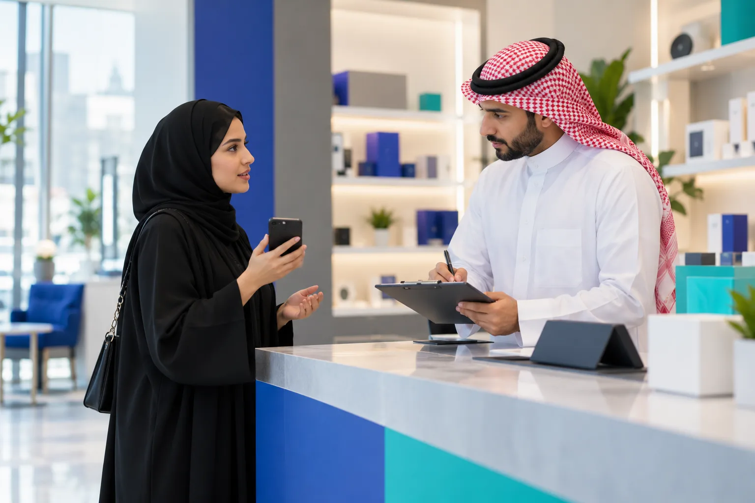 مستهلكة تعرض جوالها عند كاونتر المتجر بينما يدوّن المشرف التفاصيل