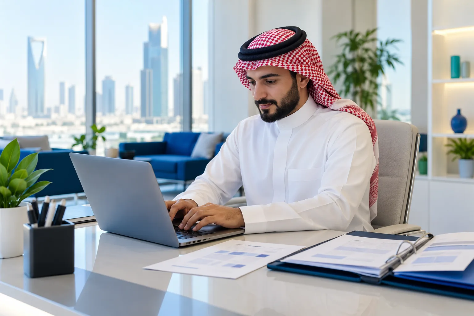مدير يكتب الرد على جهاز محمول وأمامه فاتورة وملف مستندات