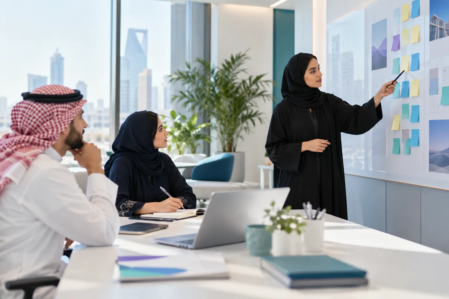 مدير عمليات يستعرض خطة الطلب على لوح في مكتب بالرياض