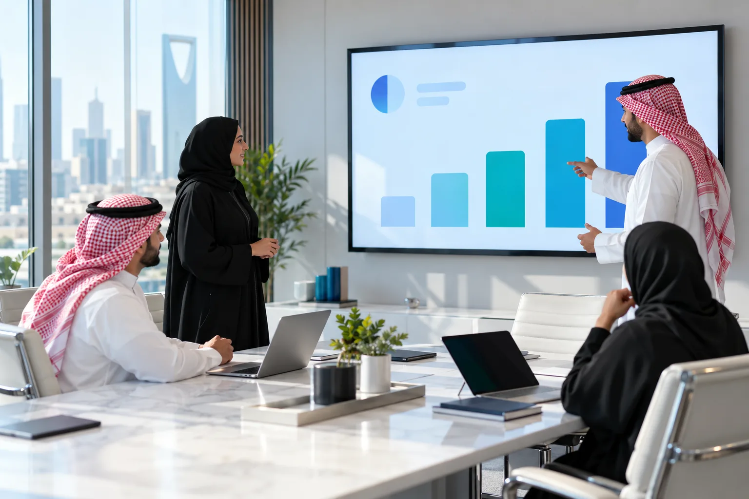 فريق مبيعات سعودي يراجع مراحل الصفقات على شاشة في مكتب بالرياض