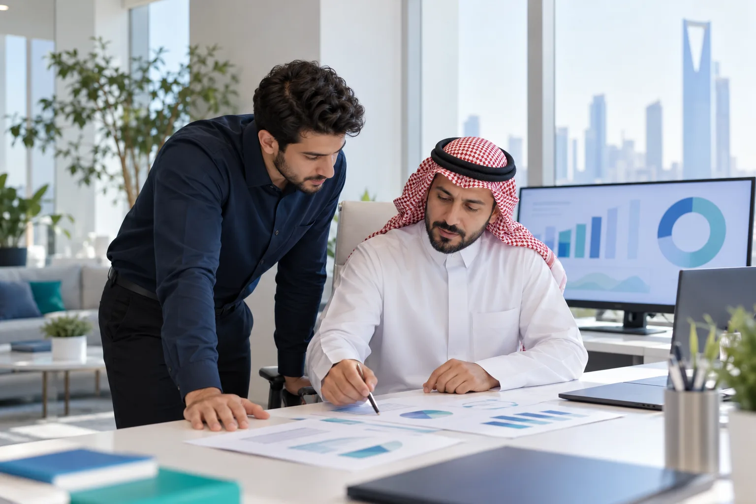 مدير مبيعات سعودي وزميله يراجعان قائمة صفقات مطبوعة على المكتب