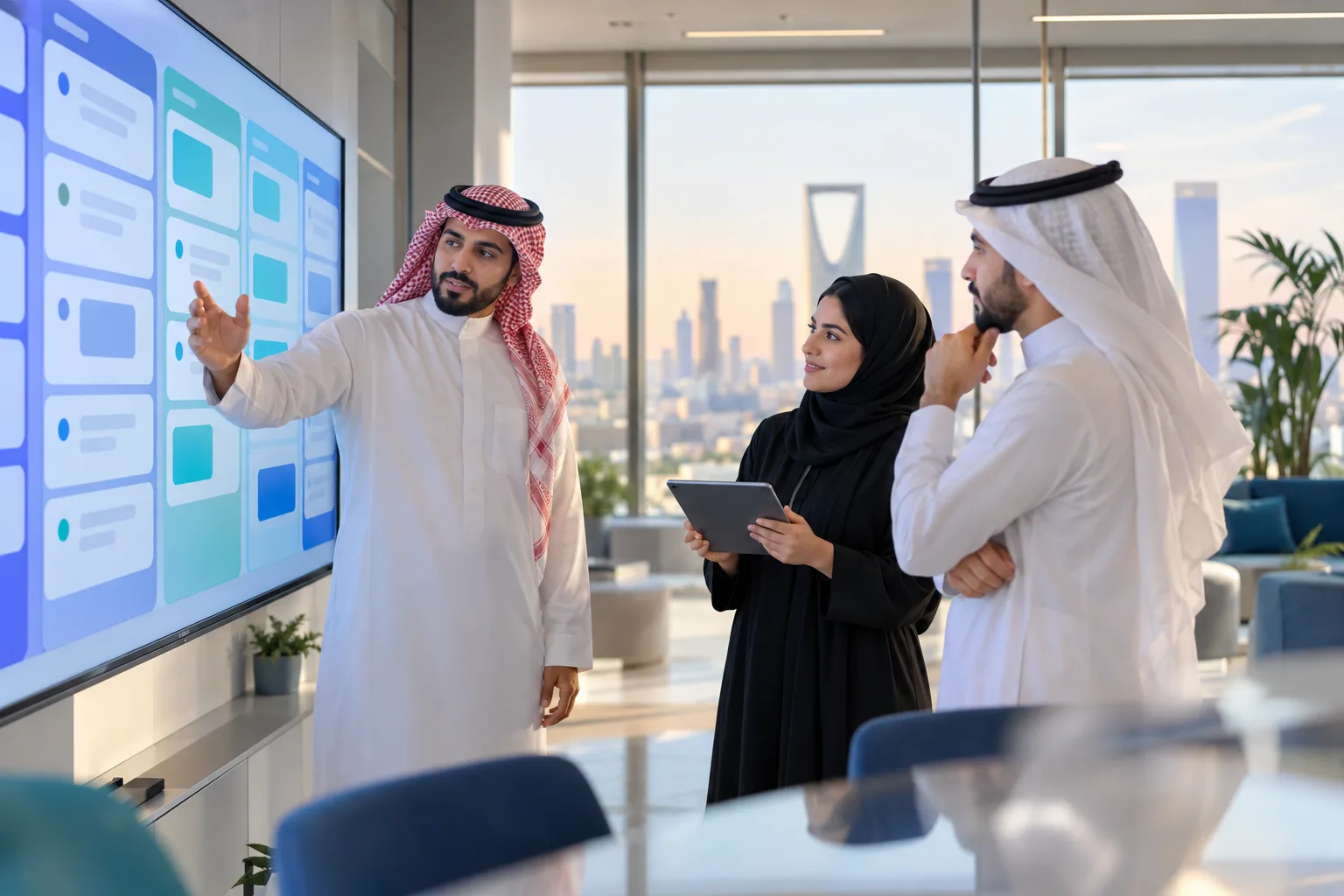Saudi sales team reviewing their pipeline together in a short standing meeting