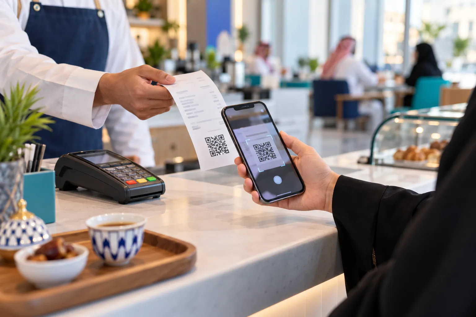 Customer scanning the QR code on a simplified tax invoice at a café counter