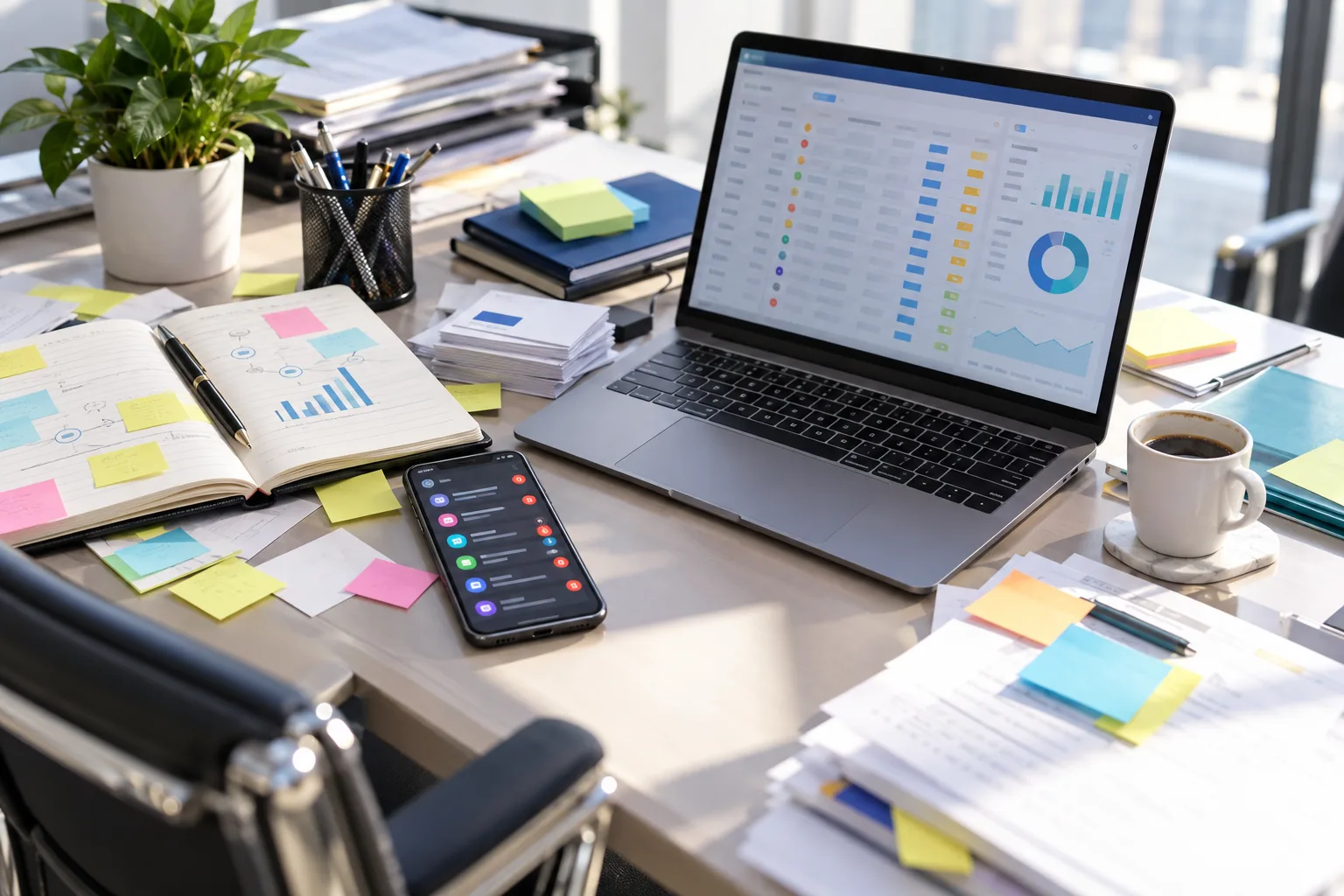 A cluttered desk of sticky notes, business cards and spreadsheets, a sign the team needs a CRM