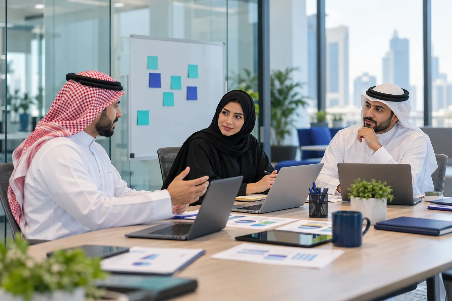 Saudi business team planning their e-invoicing readiness in a meeting room