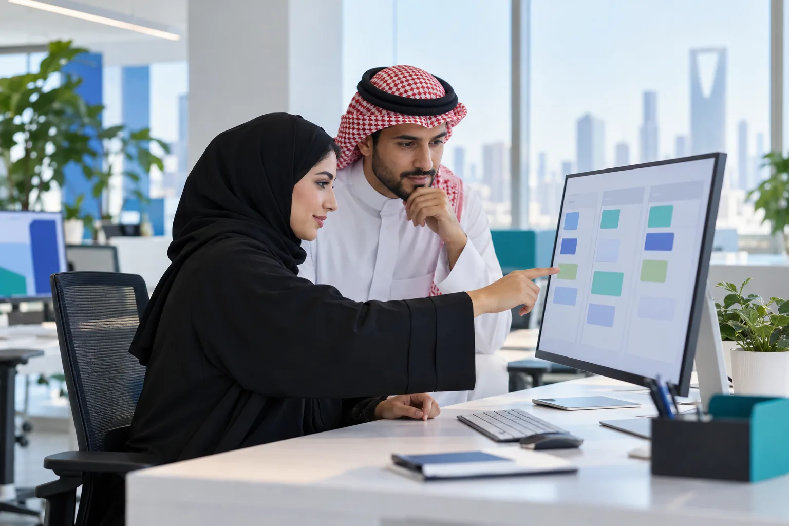 موظفا دعم فني يراجعان طابور تذاكر مشترك على الشاشة في مكتب مضيء بالرياض