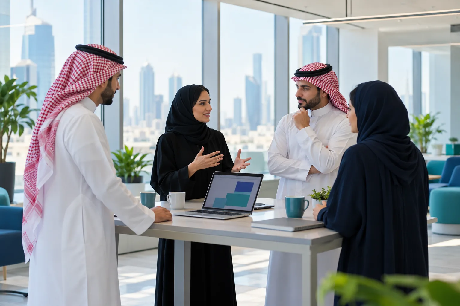 فريق دعم صغير في اجتماع صباحي قصير حول طاولة في مكتب سعودي