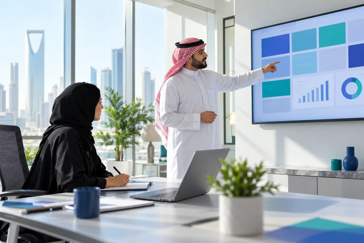 محاسب يتابع تواريخ انتهاء الشهادات على شاشة في مكتب سعودي