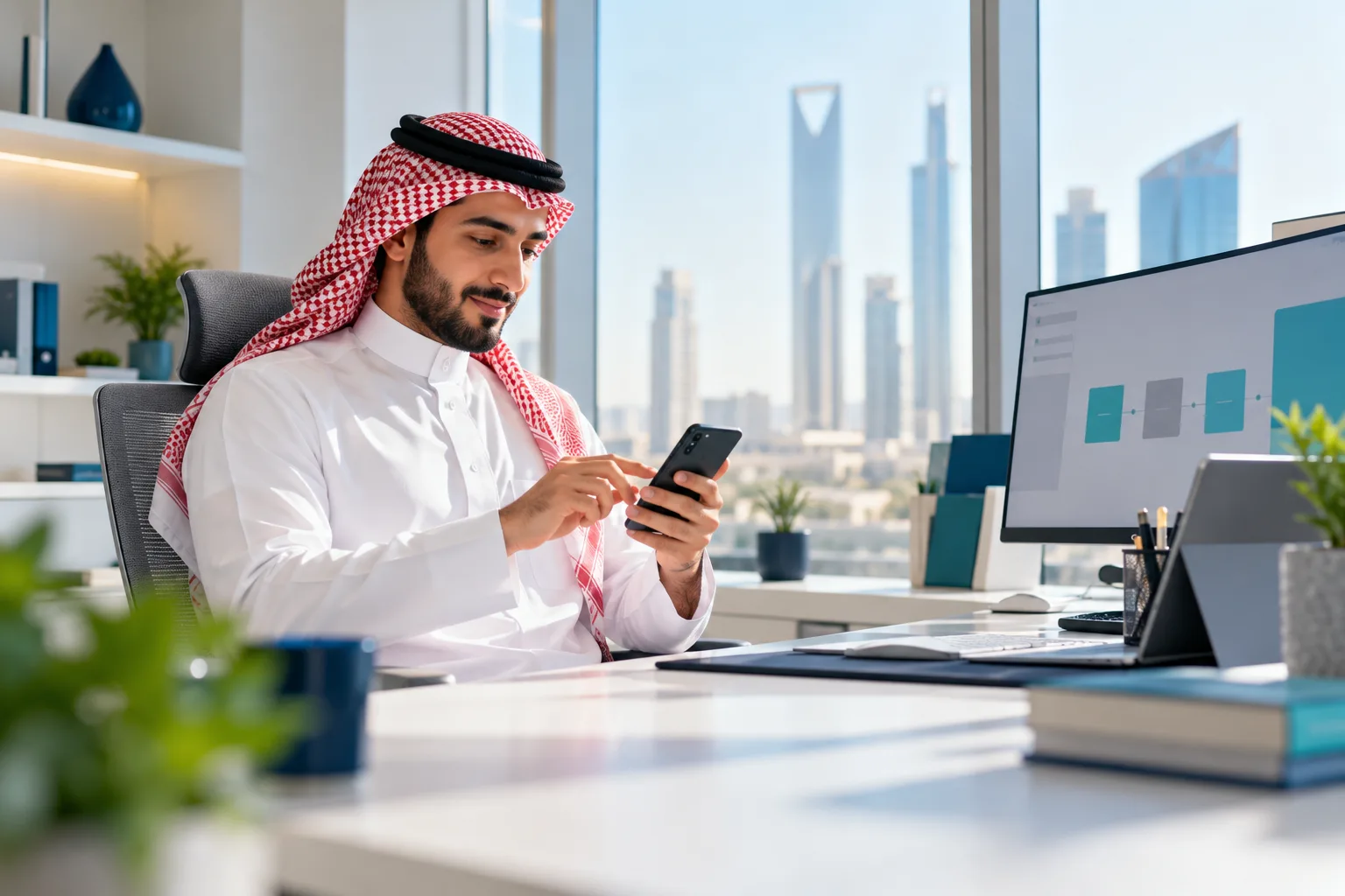 A Saudi salesman answering a customer message on his phone while a laptop shows a sales pipeline