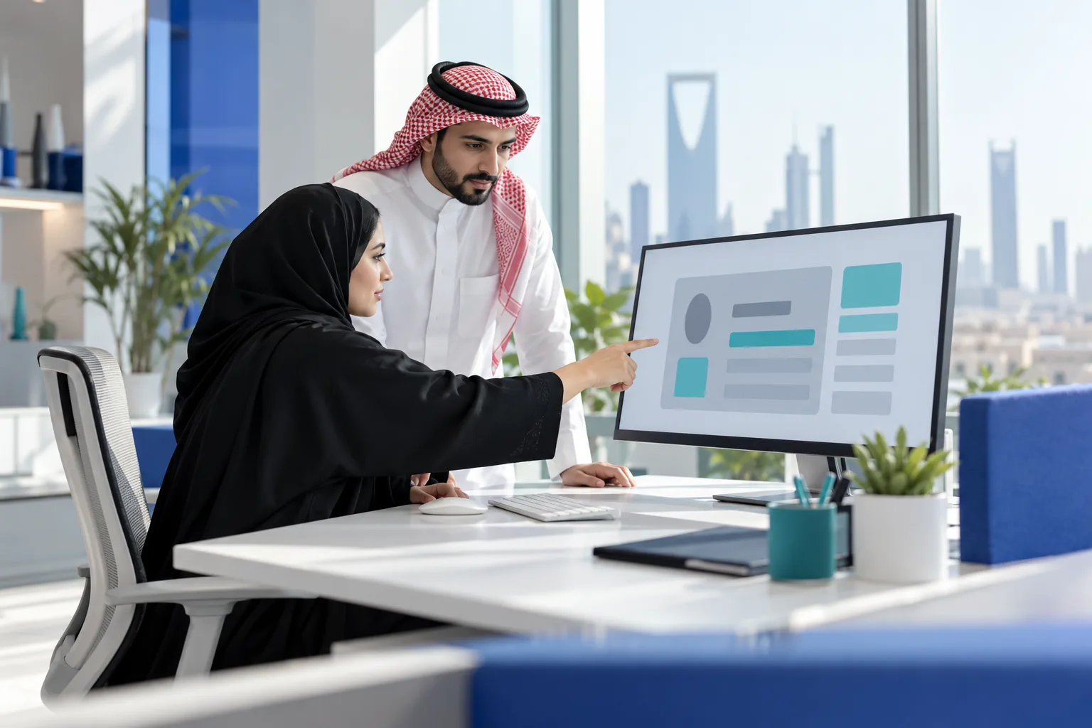 A Saudi manager reviewing a customer record on a large screen with a support colleague