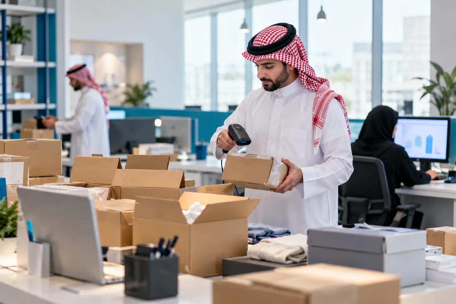 Returned boxes stacked at a retail back office counter during the sales season
