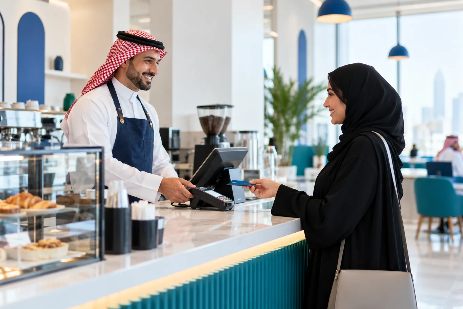 كاشير يخدم عميلاً عند طاولة الدفع في مقهى في السعودية