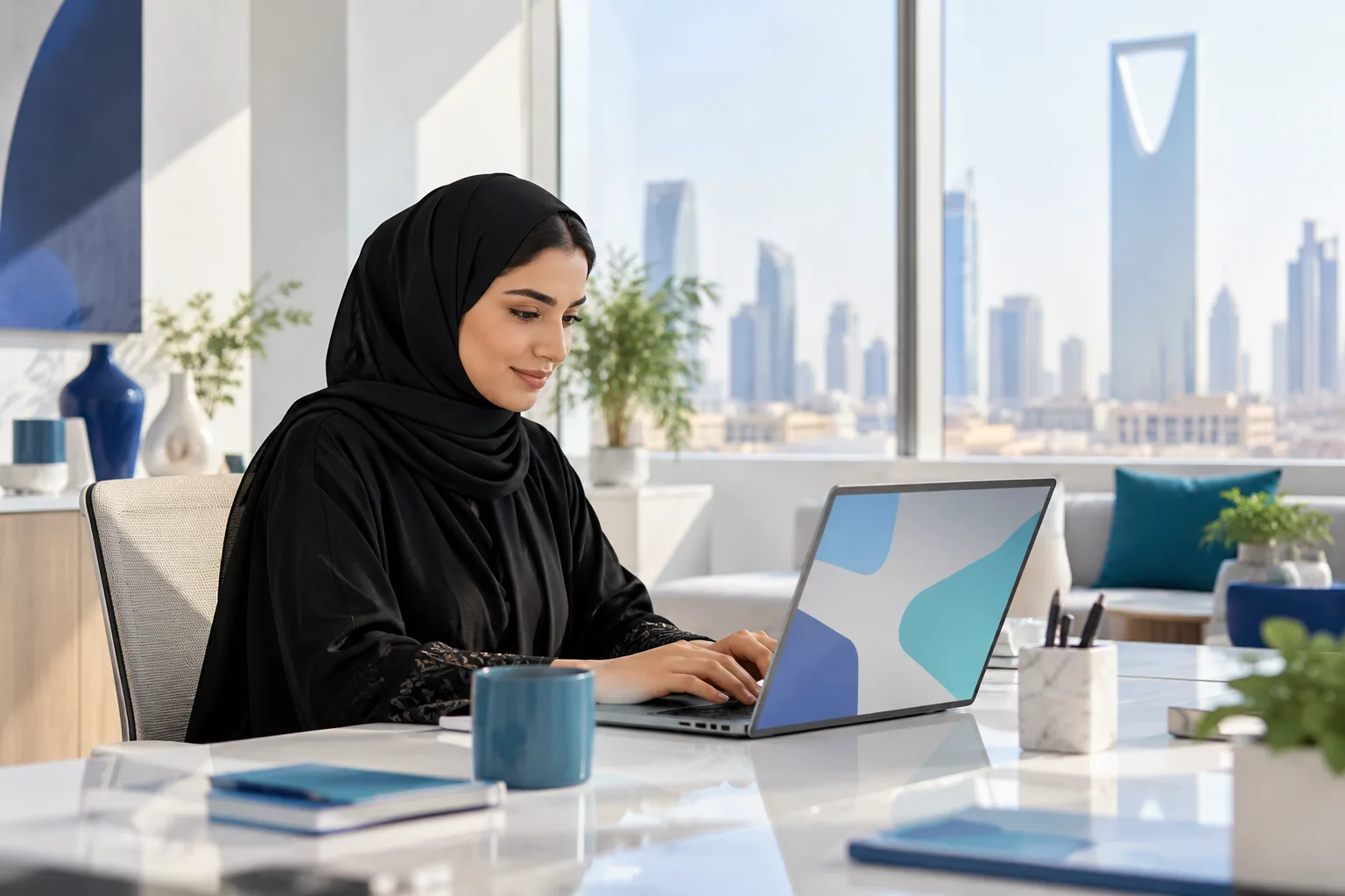 موظفة مالية تتحقق من بيانات الفواتير على حاسب محمول في مكتب بالرياض