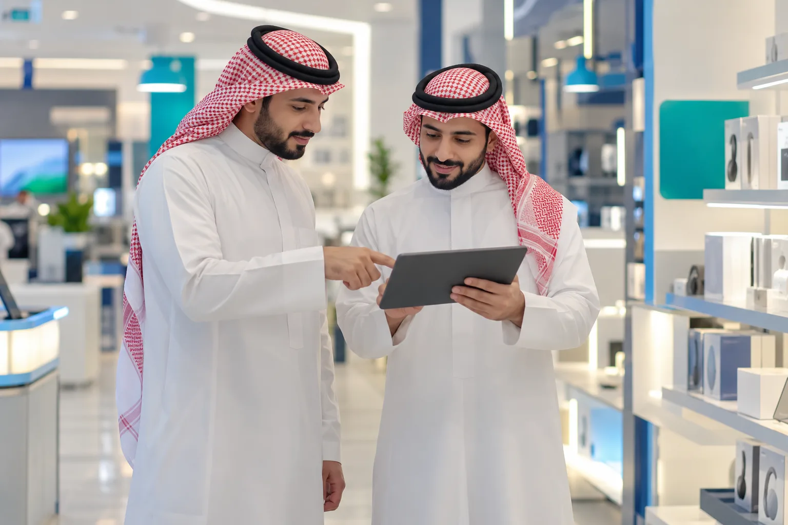 زميلان في متجر سعودي يتحققان من جهاز نقاط البيع