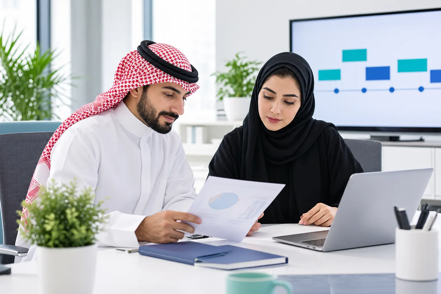 Two finance staff in a Saudi office reading the ZATCA Wave 25 announcement together at a desk