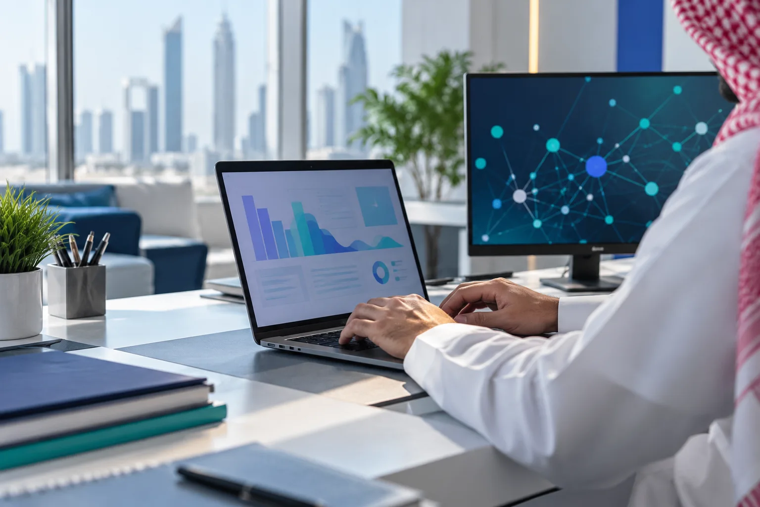 Saudi accountant working on a laptop while a second screen shows connected nodes representing Fatoora integration