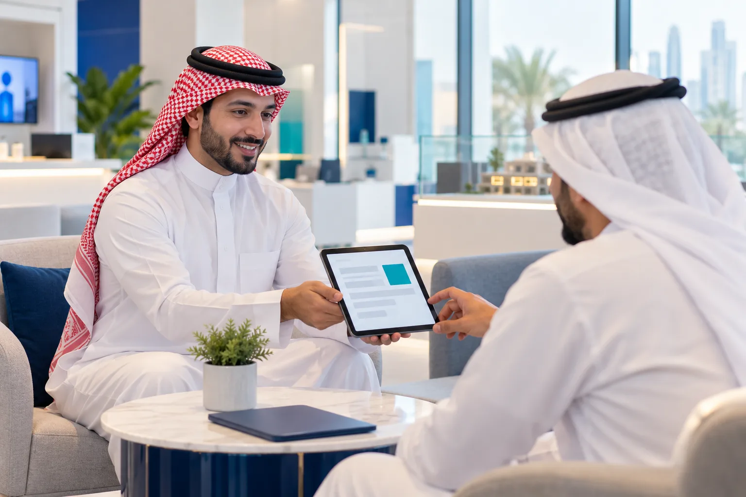 Saudi sales representative showing an invoice layout on a tablet to a customer in a small showroom